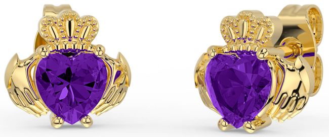 Amethyst Gold Silver Claddagh Stud Earrings