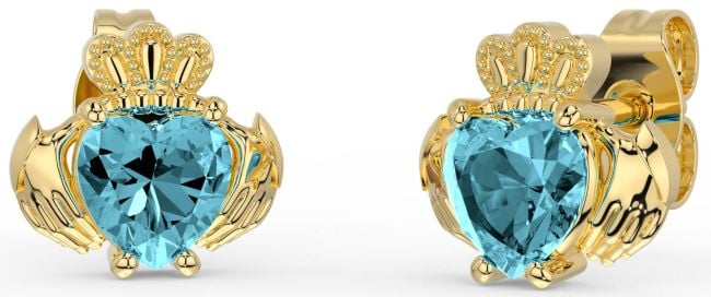 Aquamarine Gold Silver Claddagh Stud Earrings