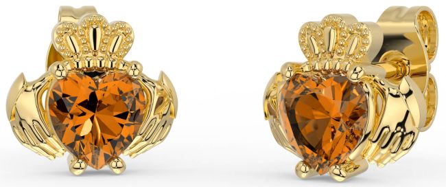 Citrine Gold Silver Claddagh Stud Earrings