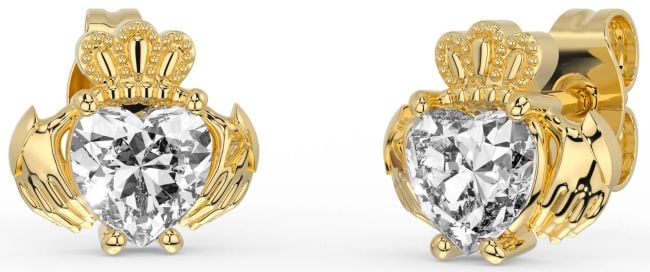 Diamond Gold Silver Claddagh Stud Earrings