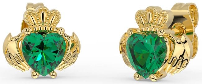 Emerald Gold Silver Claddagh Stud Earrings