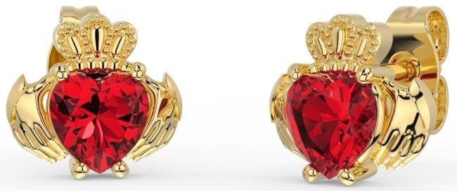 Ruby Gold Silver Claddagh Stud Earrings