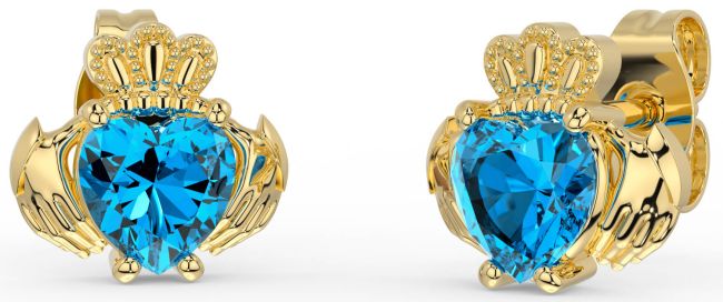 Topaz Gold Silver Claddagh Stud Earrings