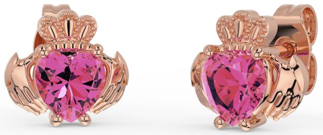 Pink Tourmaline Rose Gold Claddagh Stud Earrings