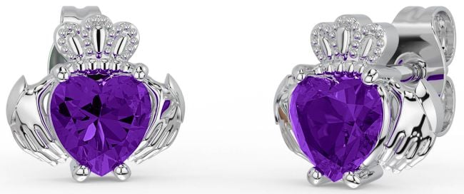 Amethyst Silver Claddagh Stud Earrings