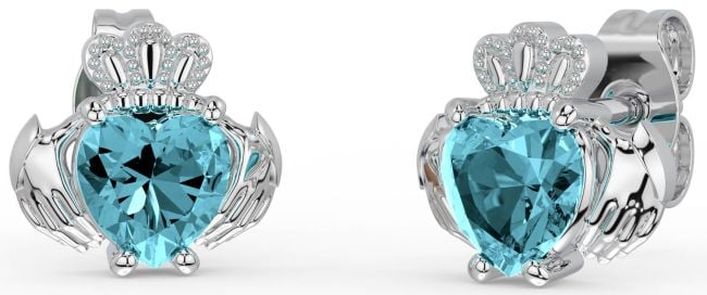 Aquamarine Silver Claddagh Stud Earrings