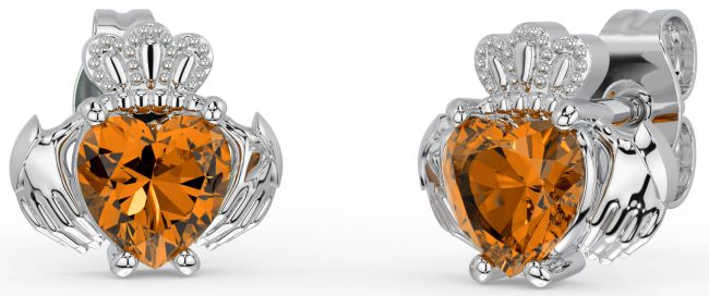 Citrine Silver Claddagh Stud Earrings