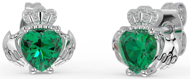 Emerald White Gold Claddagh Stud Earrings