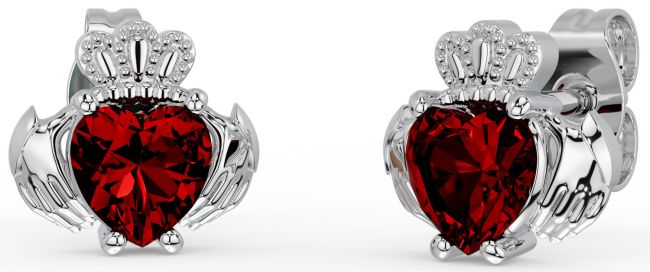 Garnet White Gold Claddagh Stud Earrings