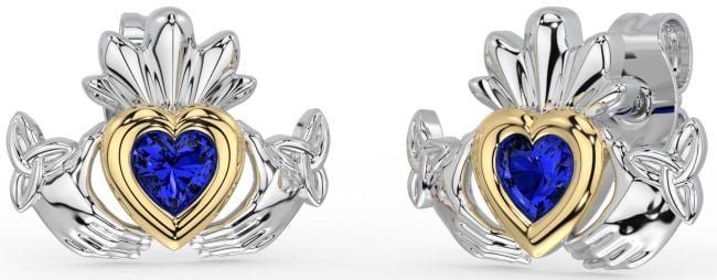 Sapphire Gold Silver Celtic Claddagh Trinity Knot Stud Earrings