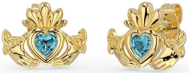 Aquamarine Gold Silver Celtic Claddagh Trinity Knot Stud Earrings