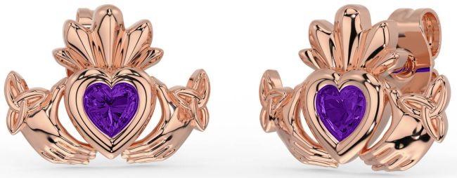 Amethyst Rose Gold Celtic Claddagh Trinity Knot Stud Earrings
