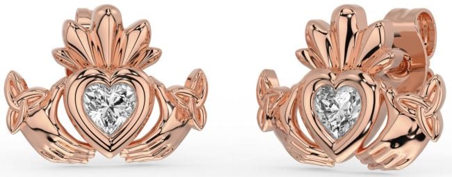 Diamond Rose Gold Celtic Claddagh Trinity Knot Stud Earrings