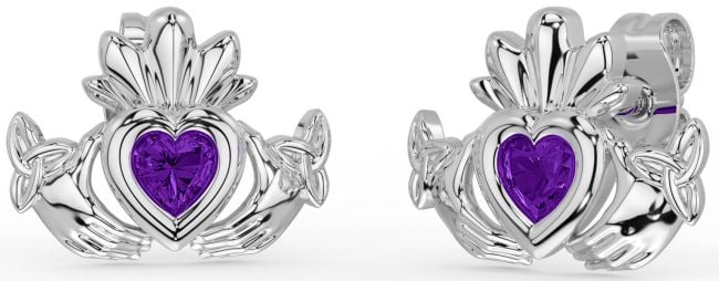 Amethyst Silver Celtic Claddagh Trinity Knot Stud Earrings