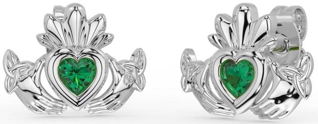 Emerald Silver Celtic Claddagh Trinity Knot Stud Earrings