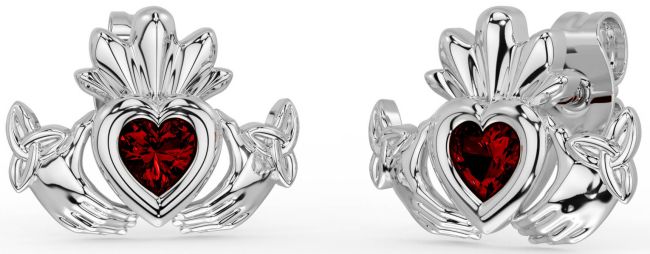Garnet Silver Celtic Claddagh Trinity Knot Stud Earrings