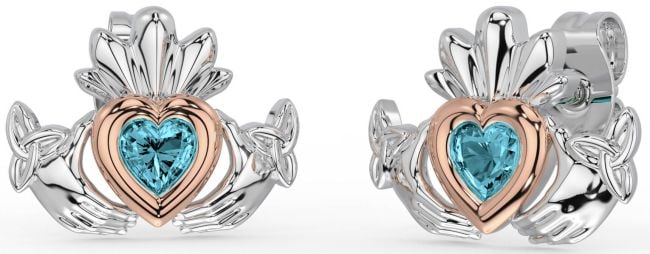 Aquamarine Rose Gold Silver Celtic Claddagh Trinity Knot Stud Earrings