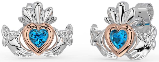 Topaz Rose Gold Silver Celtic Claddagh Trinity Knot Stud Earrings