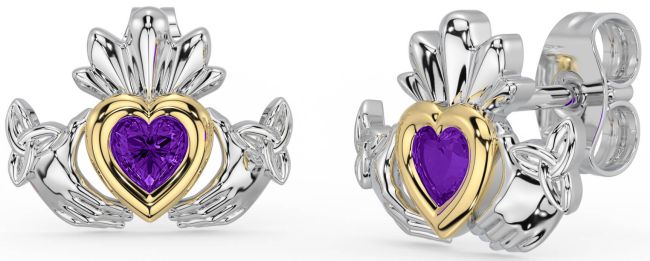 Amethyst Gold Silver Celtic Claddagh Trinity Knot Stud Earrings