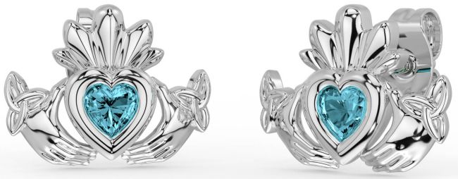 Aquamarine White Gold Celtic Claddagh Trinity Knot Stud Earrings