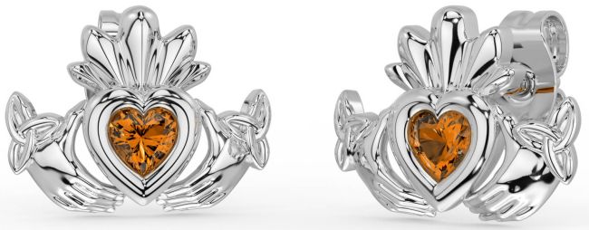 Citrine White Gold Celtic Claddagh Trinity Knot Stud Earrings