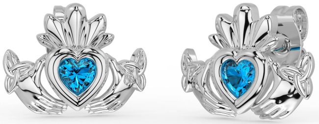 Topaz White Gold Celtic Claddagh Trinity Knot Stud Earrings