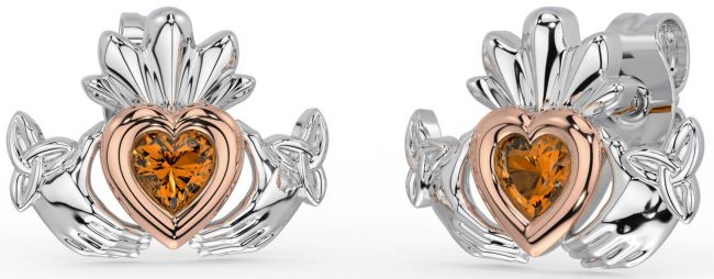 Citrine White Rose Gold Celtic Claddagh Trinity Knot Stud Earrings