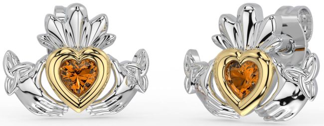 Citrine White Yellow Gold Celtic Claddagh Trinity Knot Stud Earrings