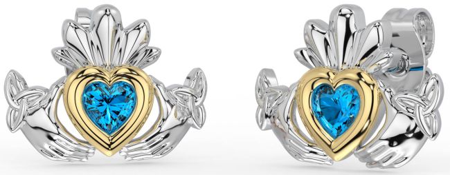 Topaz White Yellow Gold Celtic Claddagh Trinity Knot Stud Earrings