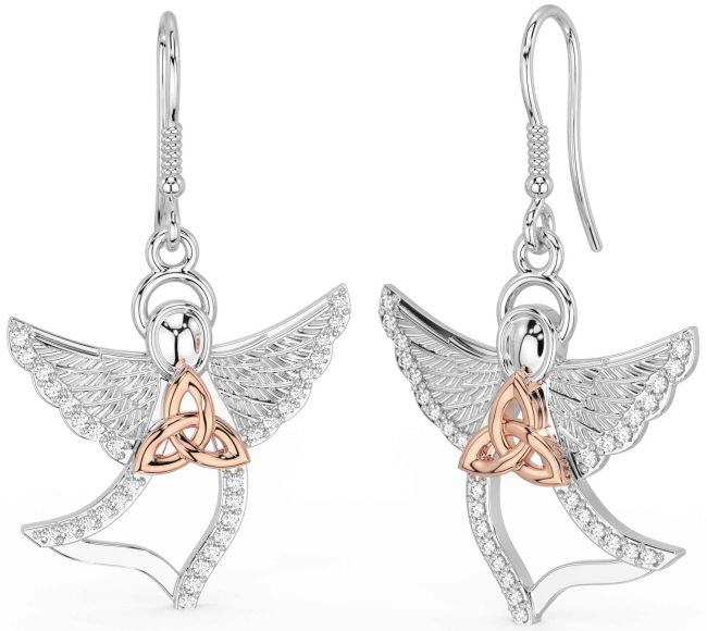 Diamond White Rose Gold Celtic Trinity Knot Dangle Earrings