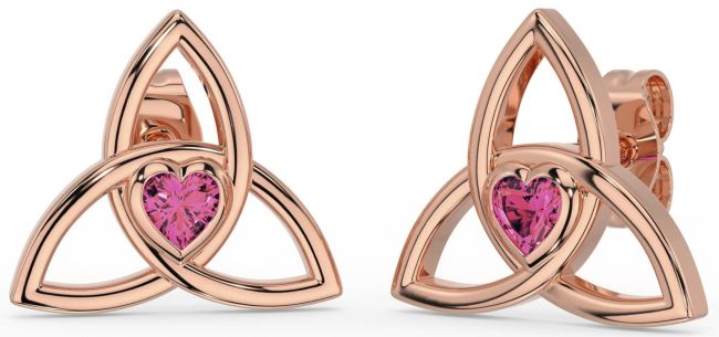 Pink Tourmaline Rose Gold Silver Celtic Trinity Knot Stud Earrings