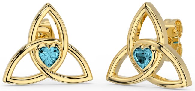 Aquamarine Gold Silver Celtic Trinity Knot Stud Earrings