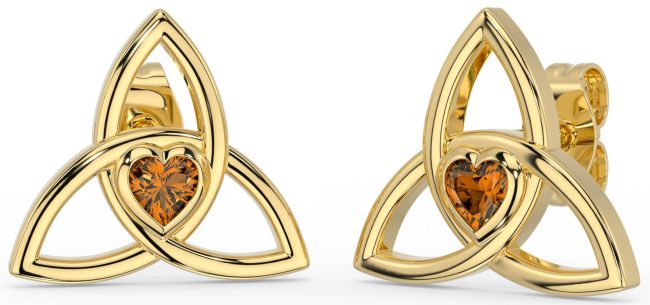 Citrine Gold Silver Celtic Trinity Knot Stud Earrings