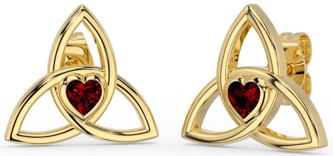 Garnet Gold Silver Celtic Trinity Knot Stud Earrings