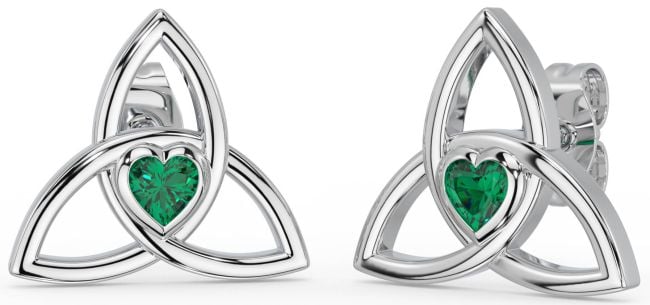 Emerald Silver Celtic Trinity Knot Stud Earrings