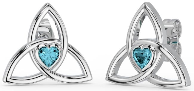 Aquamarine White Gold Celtic Trinity Knot Stud Earrings
