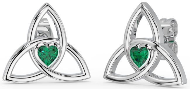 Emerald White Gold Celtic Trinity Knot Stud Earrings