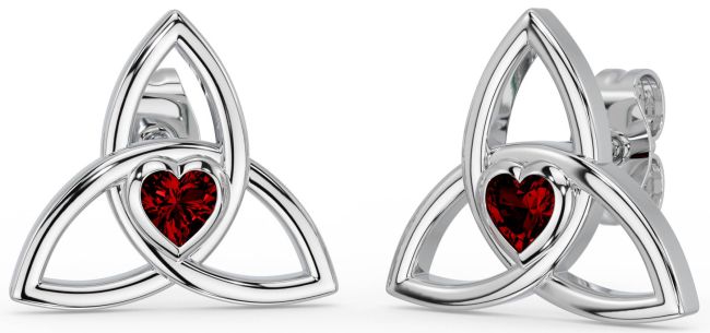 Garnet White Gold Celtic Trinity Knot Stud Earrings