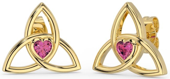 Pink Tourmaline Gold Celtic Trinity Knot Stud Earrings