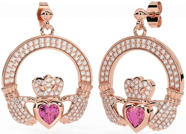 Diamond Pink Tourmaline Rose Gold Silver Claddagh Dangle Earrings