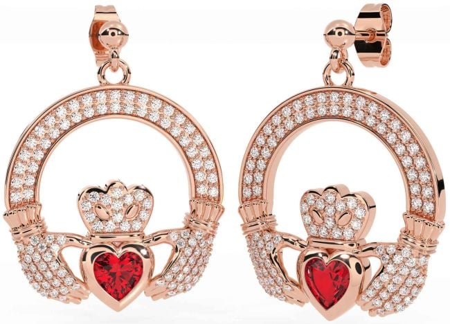 Diamond Ruby Rose Gold Silver Claddagh Dangle Earrings