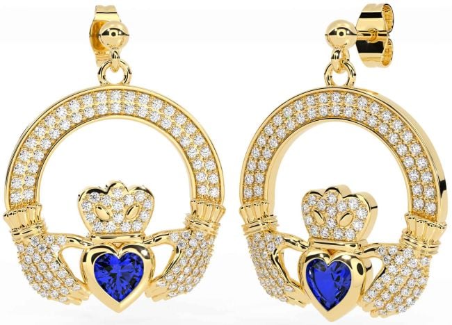 Diamond Sapphire Gold Silver Claddagh Dangle Earrings