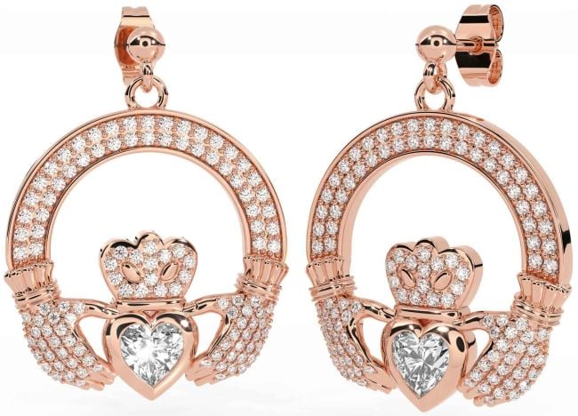 Diamond Rose Gold Claddagh Dangle Earrings