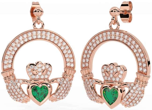 Diamond Emerald Rose Gold Claddagh Dangle Earrings