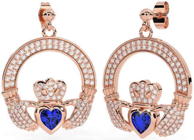 Diamond Sapphire Rose Gold Claddagh Dangle Earrings