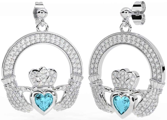 Diamante Aguamarina Plata Claddagh Colgar Pendientes