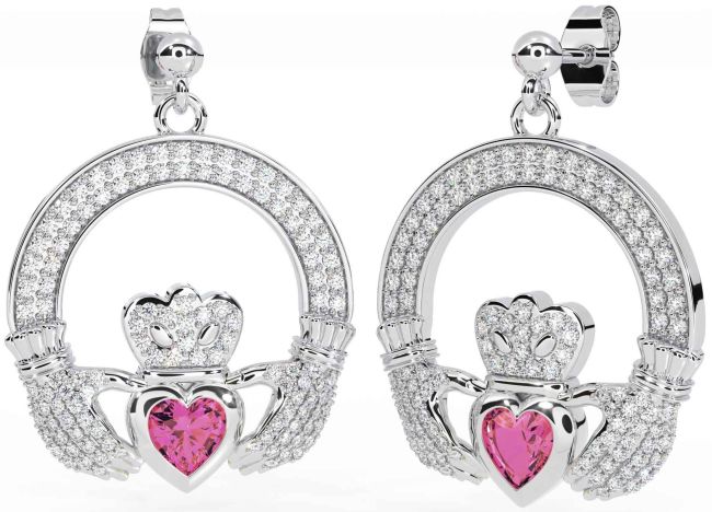 Diamond Pink Tourmaline Silver Claddagh Dangle Earrings