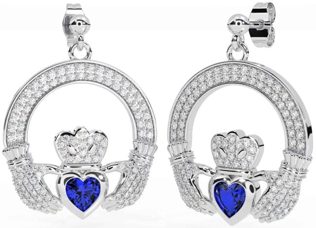 Diamond Sapphire Silver Claddagh Dangle Earrings