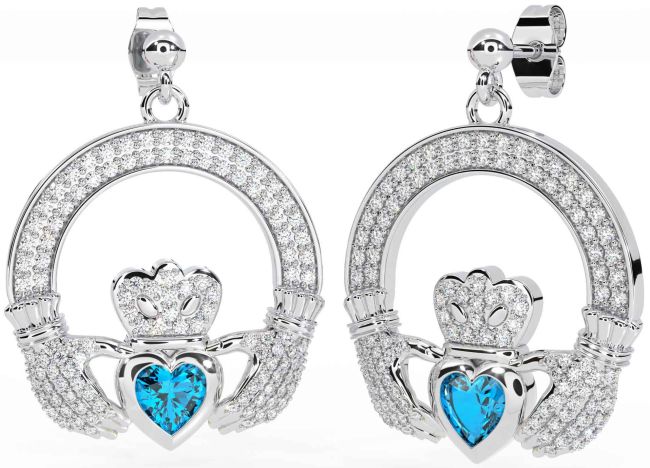 Diamond Topaz Silver Claddagh Dangle Earrings