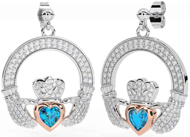 Diamond Topaz Rose Gold Silver Claddagh Dangle Earrings